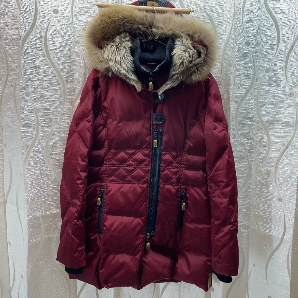 Nicole‎ Benisti Burgundy Puffer Coat Fur Trim Hood Genuine Leather Accents